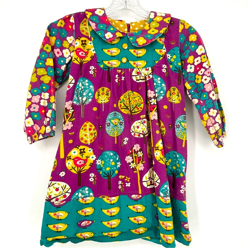 Jelly The Pug Multicolor Floral Bird & Tree Dress Purple & Green Girls 6